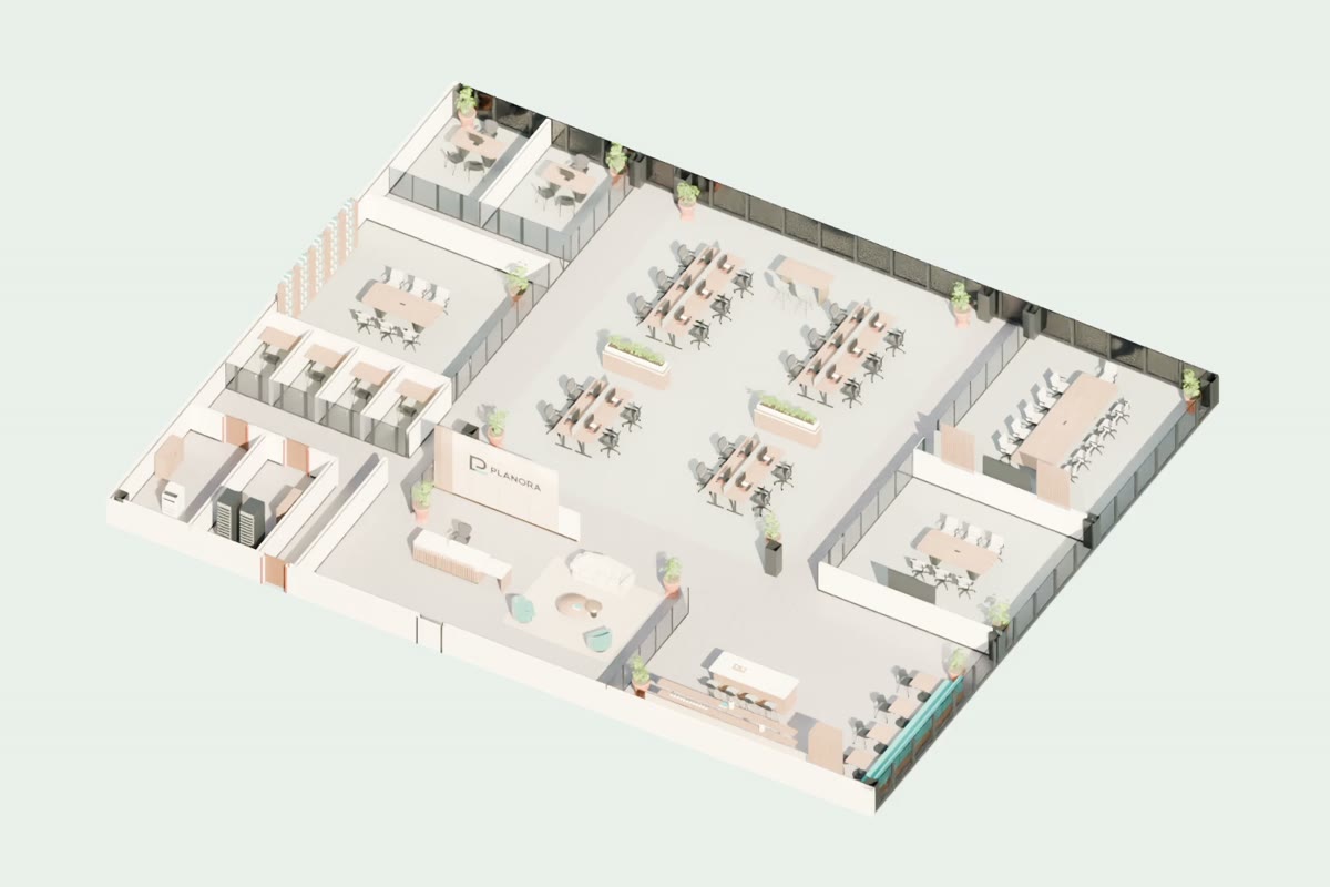 Roofless axonometric view of the PLANORA concept office.